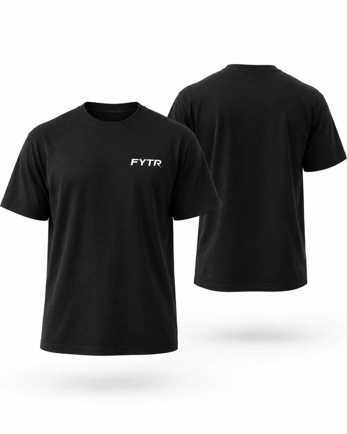 Front and rear 3D product view of the FYTR Core Training T-Shirt in Black on white