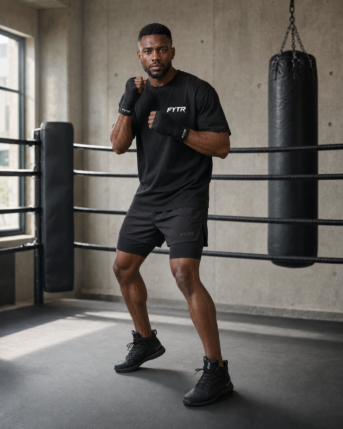 FYTR athlete in an orthodox guard wearing the Black Core Training T-Shirt and black hand wraps