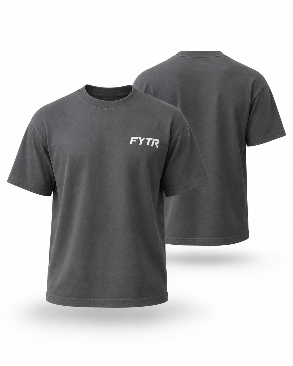 Front and rear 3D product view of the FYTR Core Training T-Shirt in Charcoal on white