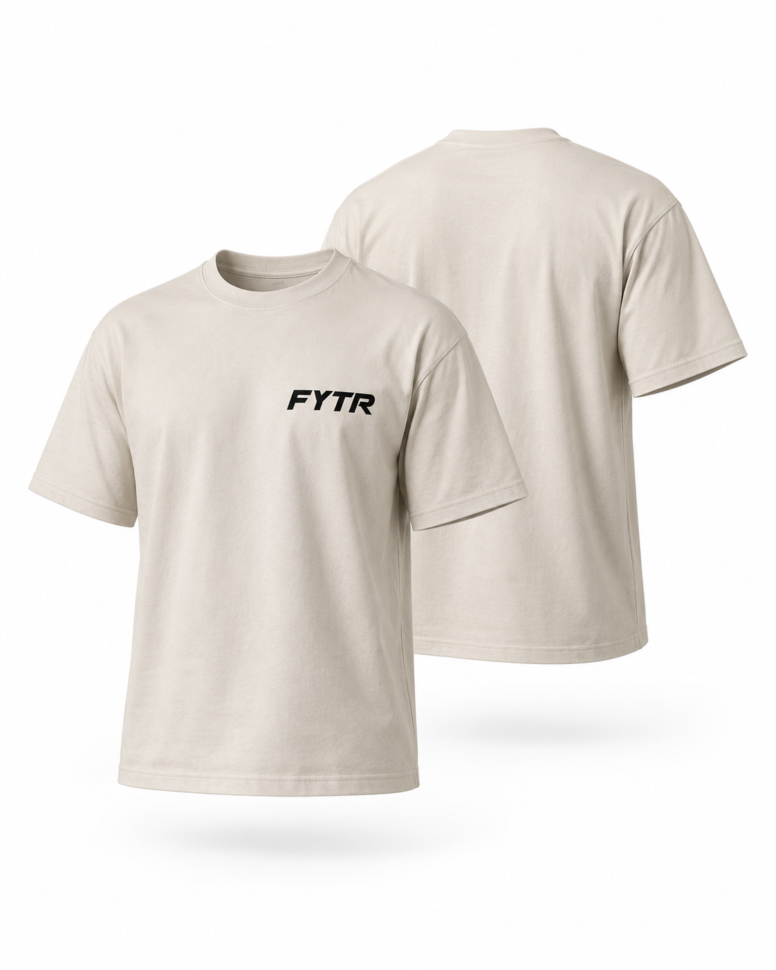 Front and rear 3D product view of the FYTR Core Training T-Shirt in Natural on white
