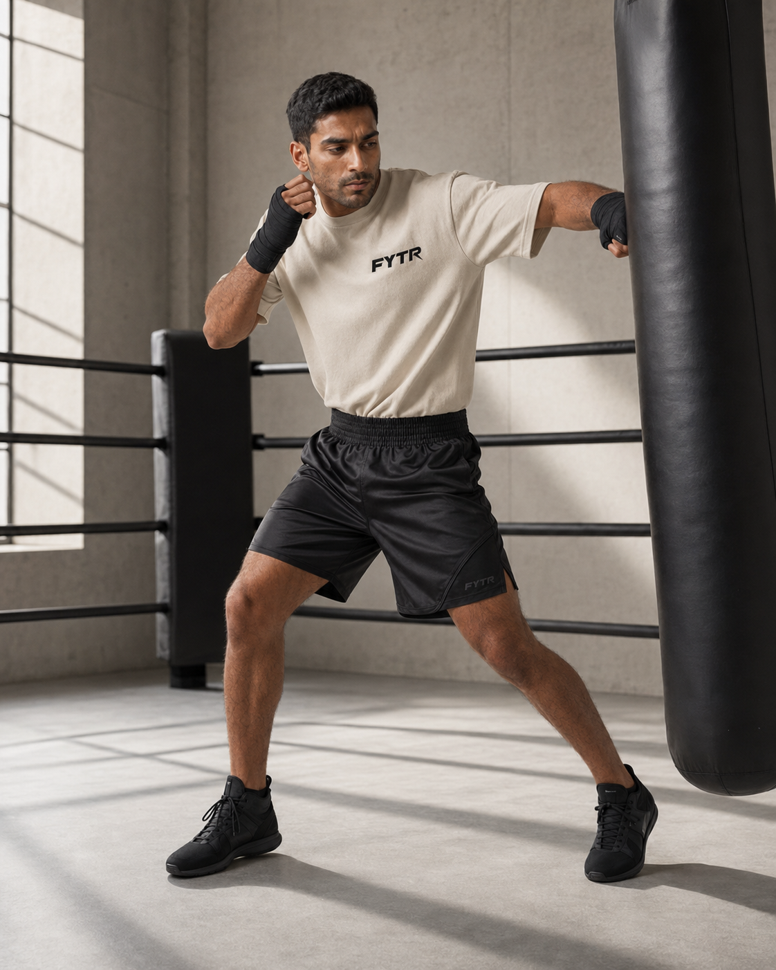 FYTR athlete throwing a body hook in the Natural Core Training T-Shirt and black hand wraps