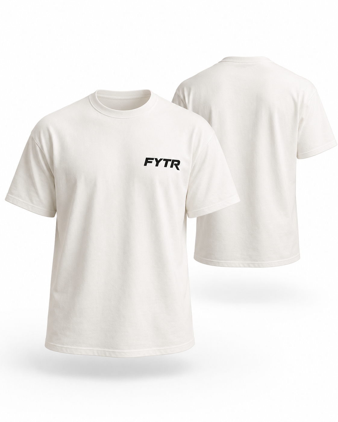 Front and rear 3D product view of the FYTR Core Training T-Shirt in Off White on white