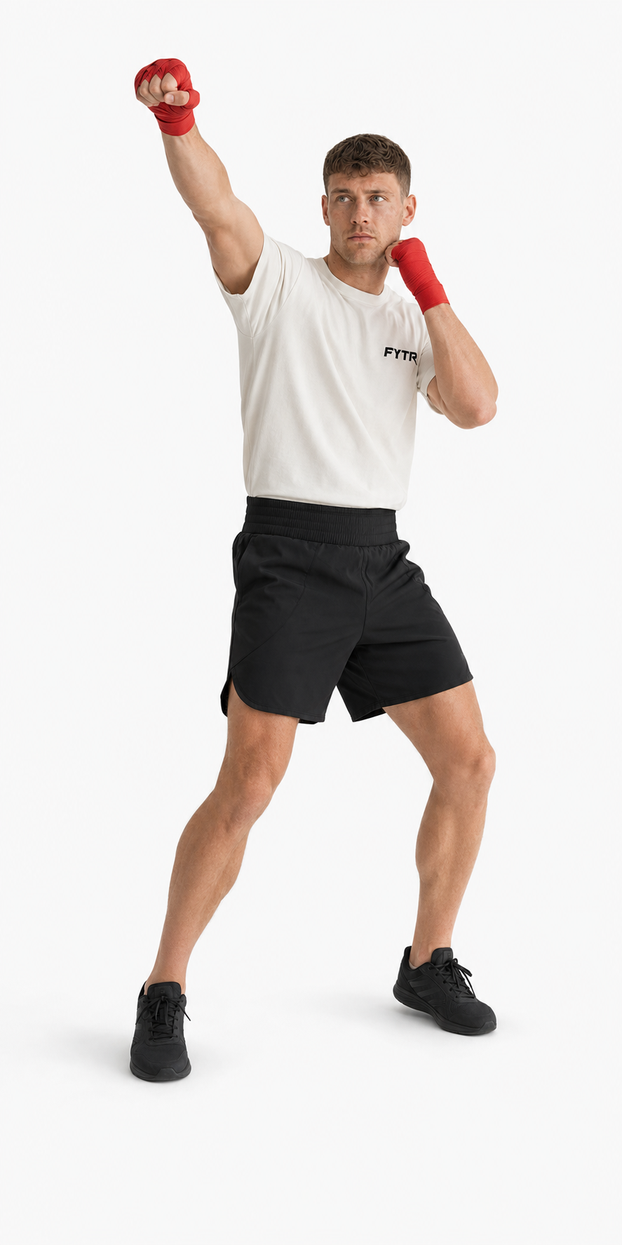 FYTR athlete throwing an uppercut on a white studio background in the Off White Core Training T-Shirt and red hand wraps