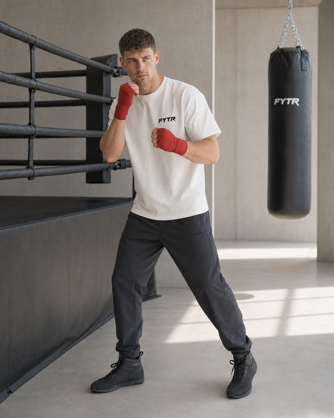 FYTR athlete in a southpaw guard wearing the Off White Core Training T-Shirt and red hand wraps