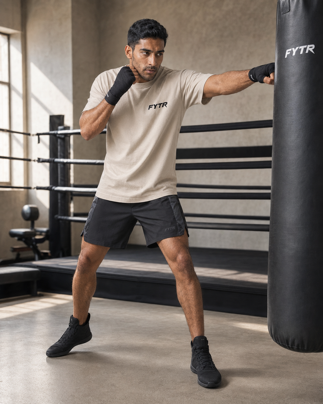 FYTR athlete jabbing the heavy bag in the Sand Core Training T-Shirt and black hand wraps