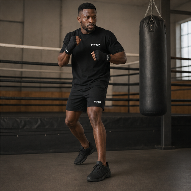 Model moving in the FYTR Core T-Shirt in Black