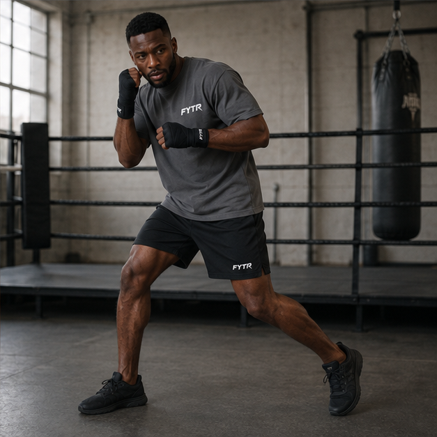 Model moving in the FYTR Core T-Shirt in Charcoal