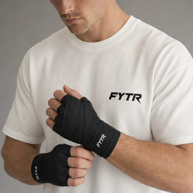 FYTR chest logo and branded hand-wrap detail on the Off White Core T-Shirt