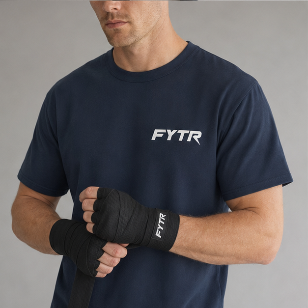 FYTR chest logo and branded hand-wrap detail on the Washed Navy Core T-Shirt