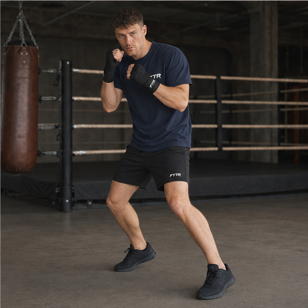 Model moving in the FYTR Core T-Shirt in Washed Navy