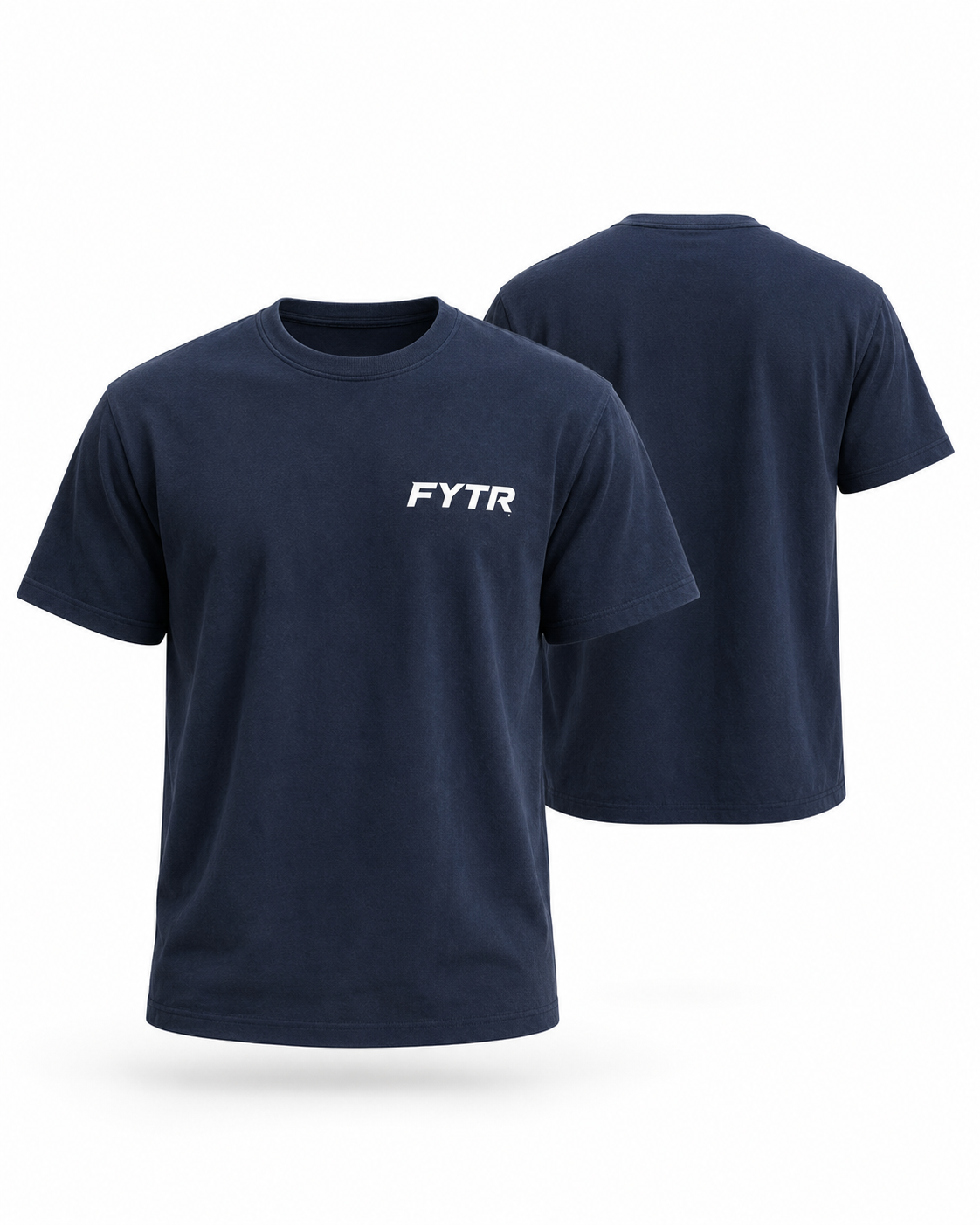 Front and rear 3D product view of the FYTR Core Training T-Shirt in Washed Navy on white