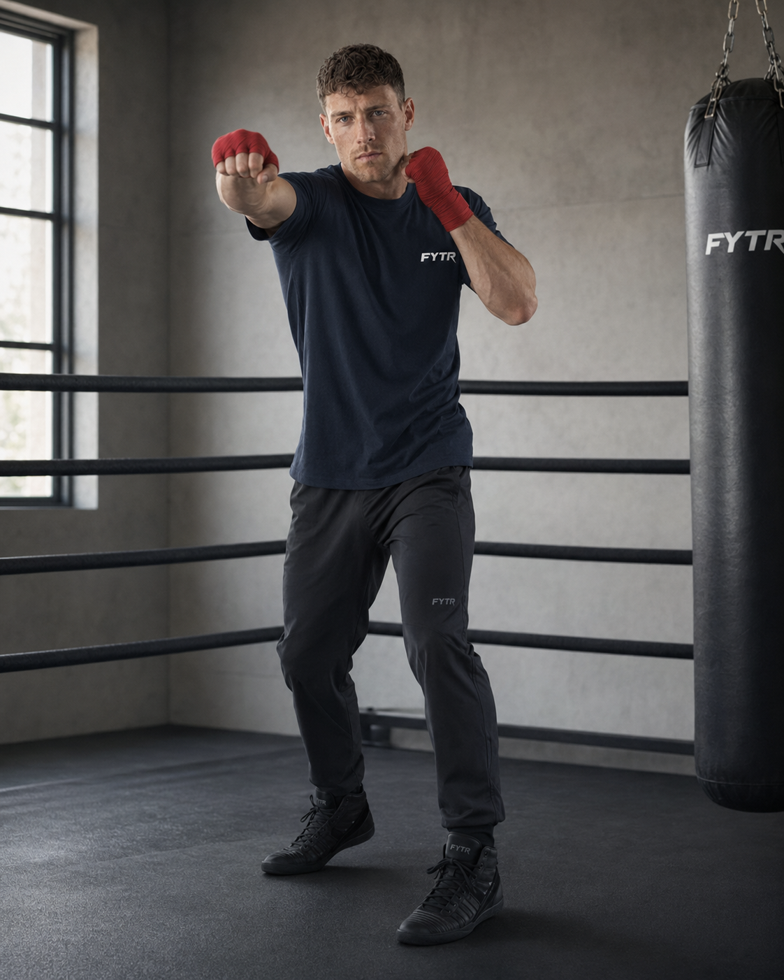 FYTR athlete throwing a boxing combination in the Washed Navy Core Training T-Shirt and red hand wraps