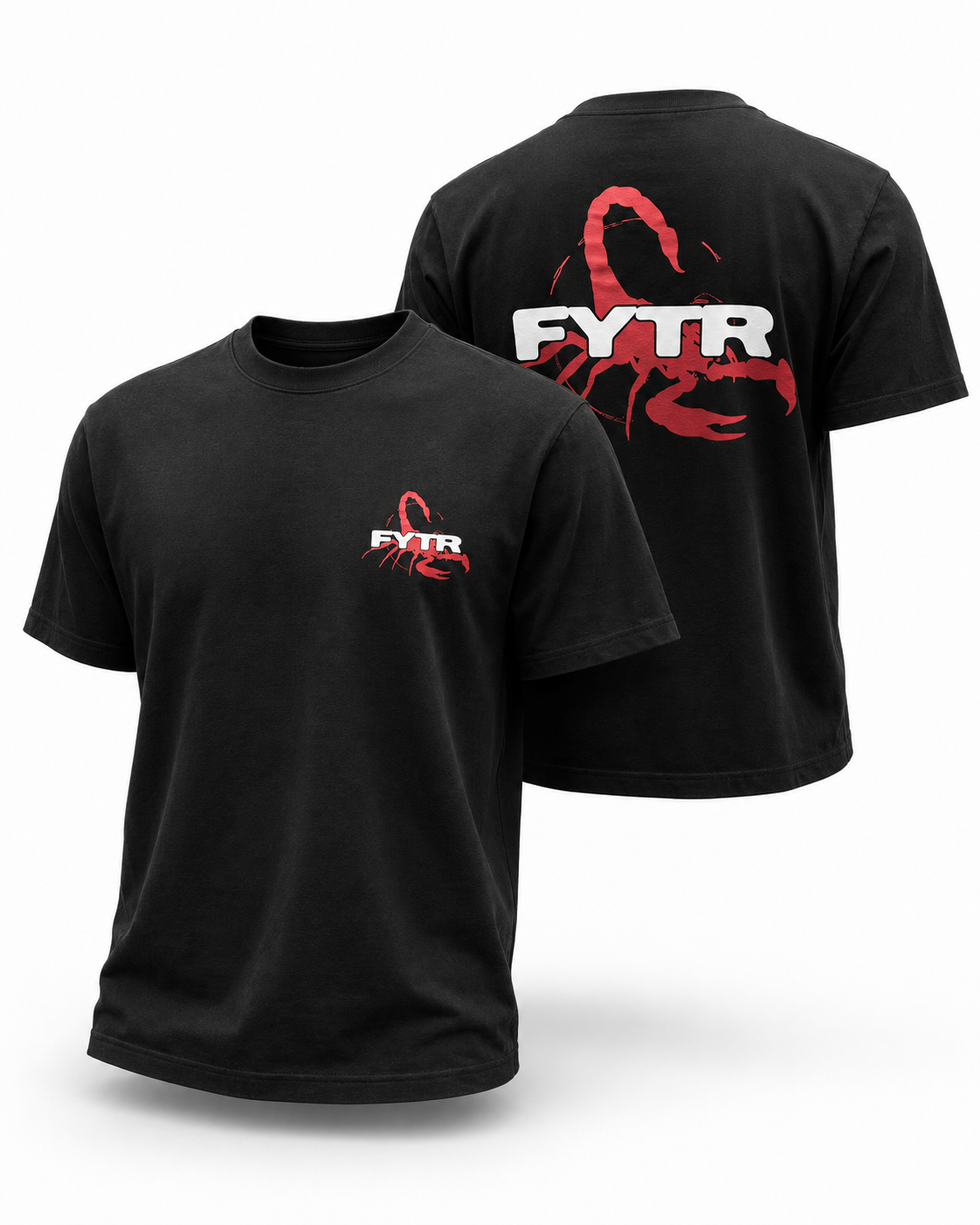 Front and rear 3D product view of the FYTR Scorpion Back-Print T-Shirt in Vintage Black on white